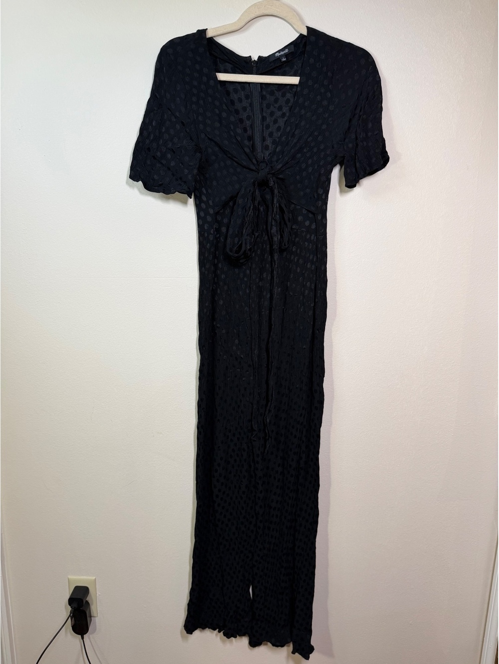 Madewell Black Polka Dot Jumpsuit with Tie Front, Size Medium